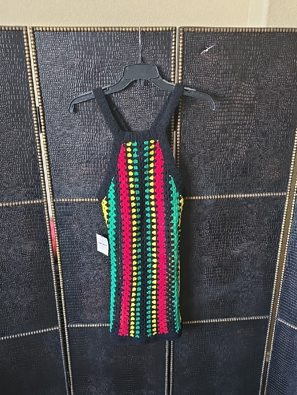 superdown Black Crochet Swim Coverup with Green, Yellow, and Pink Stripes